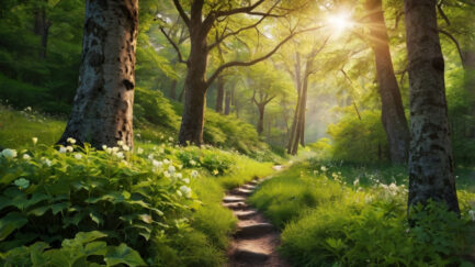 Path in the green forest at sunrise. Beautiful springtime landscape.